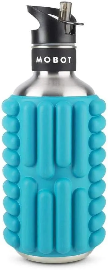 MOBOT Portable Travel Foam Roller Water Bottle with Sip Straw, Stainless Steel Screw Lid | Insulated Sports Water Bottle and Foam Rollers for Yoga, Workout, Home Gym, & Exercise (Aqua, 40 oz)