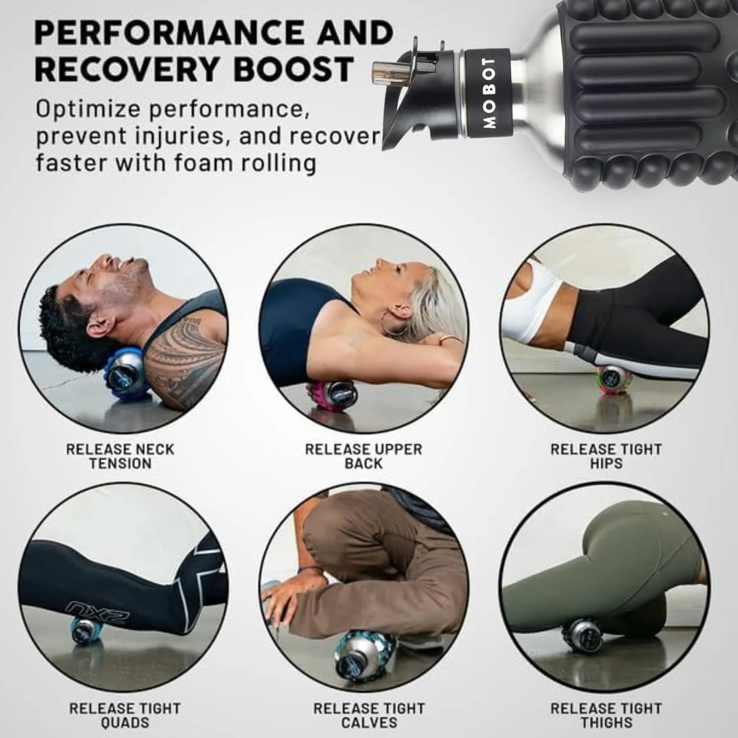 MOBOT Portable Travel Foam Roller Water Bottle with Sip Straw, Stainless Steel Screw Lid | Insulated Sports Water Bottle and Foam Rollers for Yoga, Workout, Home Gym, & Exercise (Black, 40 oz)