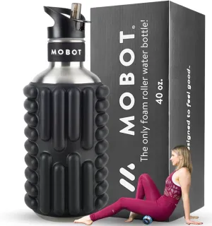 MOBOT Portable Travel Foam Roller Water Bottle with Sip Straw, Stainless Steel Screw Lid | Insulated Sports Water Bottle and Foam Rollers for Yoga, Workout, Home Gym, & Exercise (Black, 40 oz)