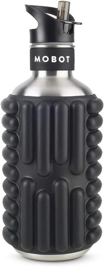 MOBOT Portable Travel Foam Roller Water Bottle with Sip Straw, Stainless Steel Screw Lid | Insulated Sports Water Bottle and Foam Rollers for Yoga, Workout, Home Gym, & Exercise (Black, 40 oz)