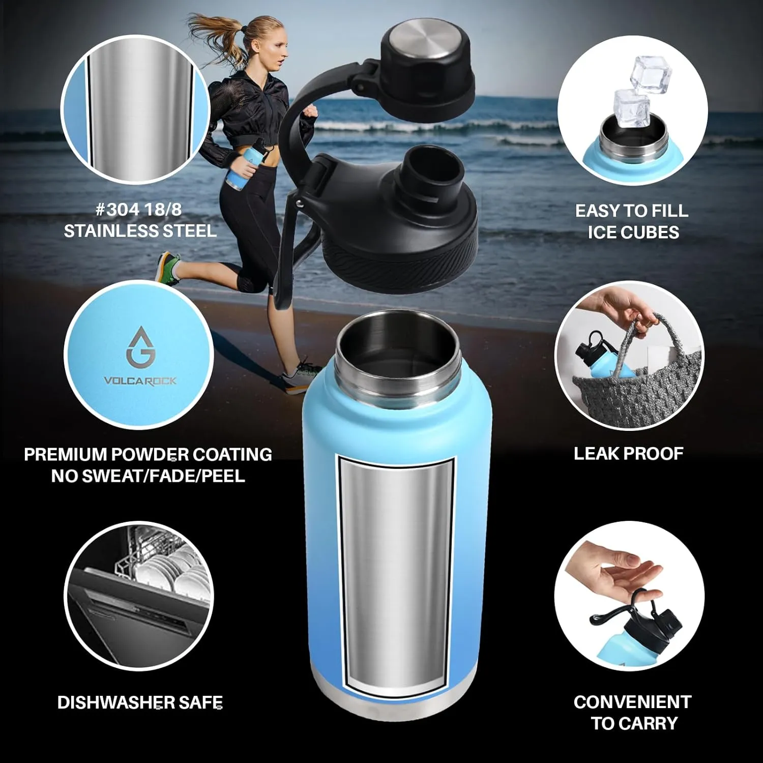 Modern Water Bottle with Straw Lid Dustproof, 3 Lids Vacuum Insulated Stainless Steel Metal Thermos, Reusable Leak Proof BPA-Free Flask for Gym, Travel, Sports-32 Oz Gradient Blue