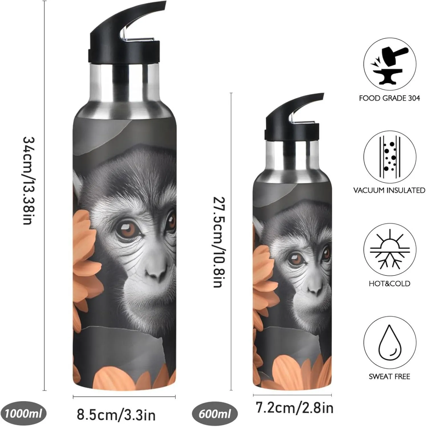 Monkey Flowers Print Sports Bottle with Straw and Carry Loop for Gym, Camping, Workout, and Outdoors，Insulated Water Bottle Jug for All Day Hydration