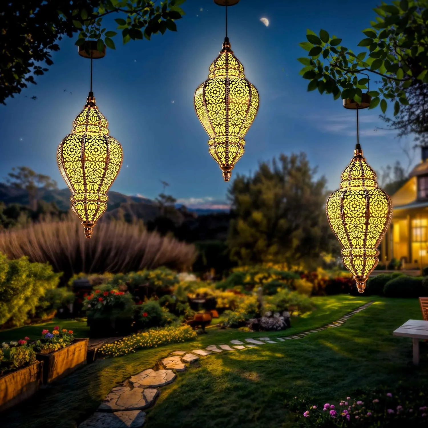 Moroccan Hanging Solar Lights Outdoor Lantern Bidirectional Availabili Garden Decor Waterproof Plastic Gold Decorations for Patio Pathway Yard Backyard Solar Powered Garden Decorative (1, gold)