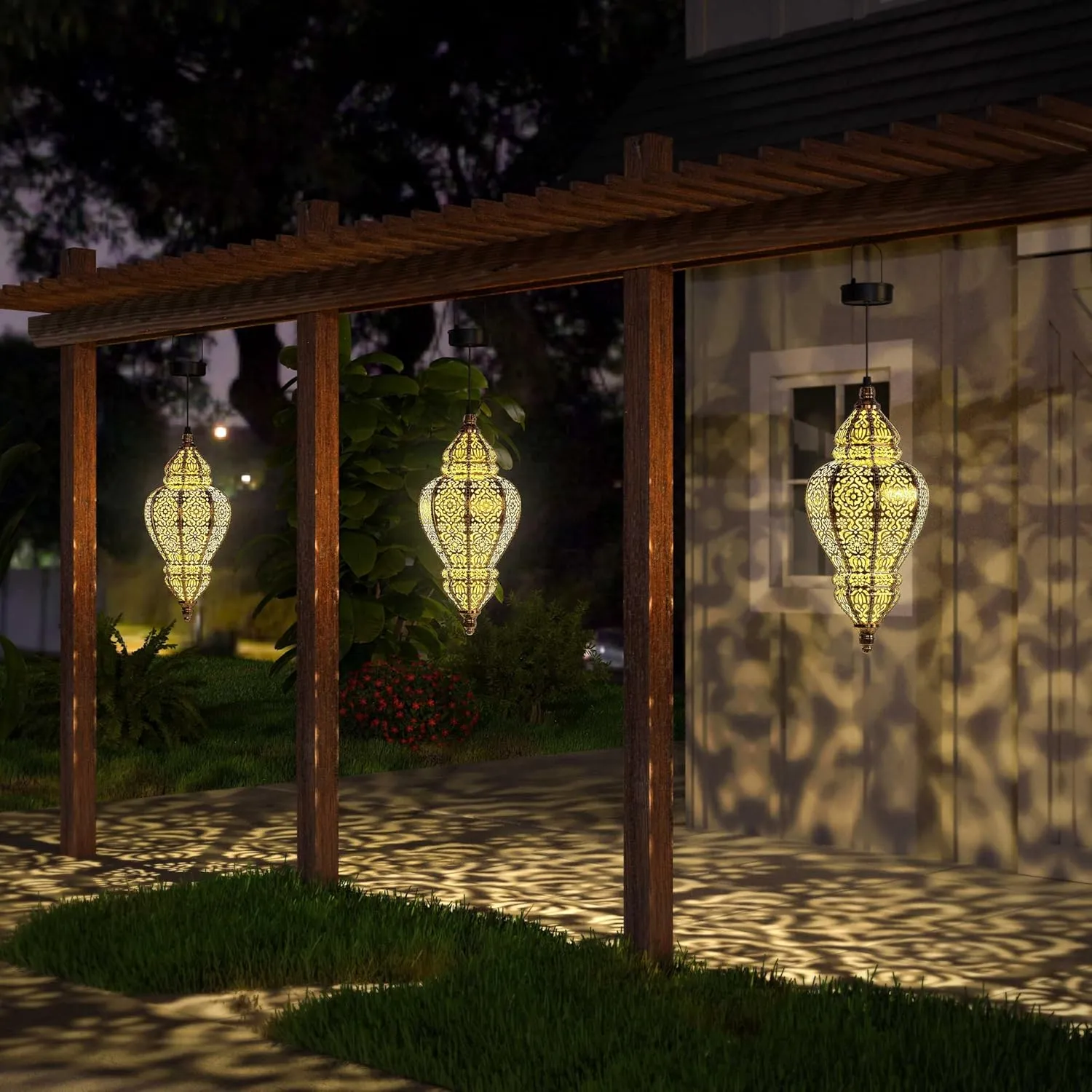 Moroccan Hanging Solar Lights Outdoor Lantern Bidirectional Availabili Garden Decor Waterproof Plastic Gold Decorations for Patio Pathway Yard Backyard Solar Powered Garden Decorative (1, gold)