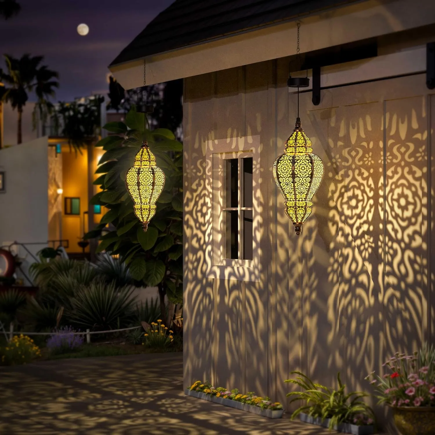 Moroccan Hanging Solar Lights Outdoor Lantern Bidirectional Availabili Garden Decor Waterproof Plastic Gold Decorations for Patio Pathway Yard Backyard Solar Powered Garden Decorative (1, gold)