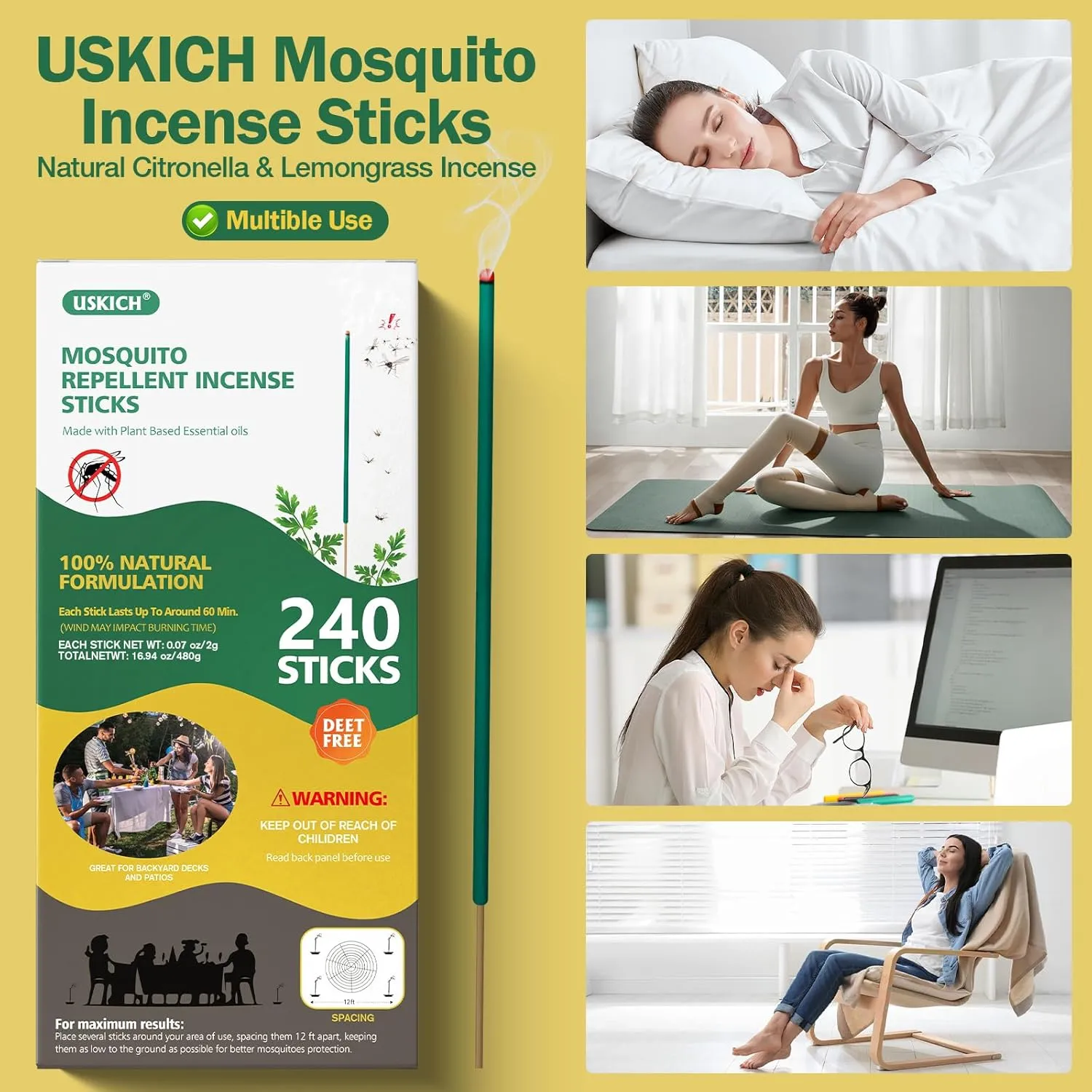 Mosquito Repellent Outdoor 240 Pcs Natural Citronella Oil Mosquito Incense Sticks Organic Mosquito Barrier Mosquito Repeller for Backyard Patio Travel Camping Indoors Gnat Mosquito Control