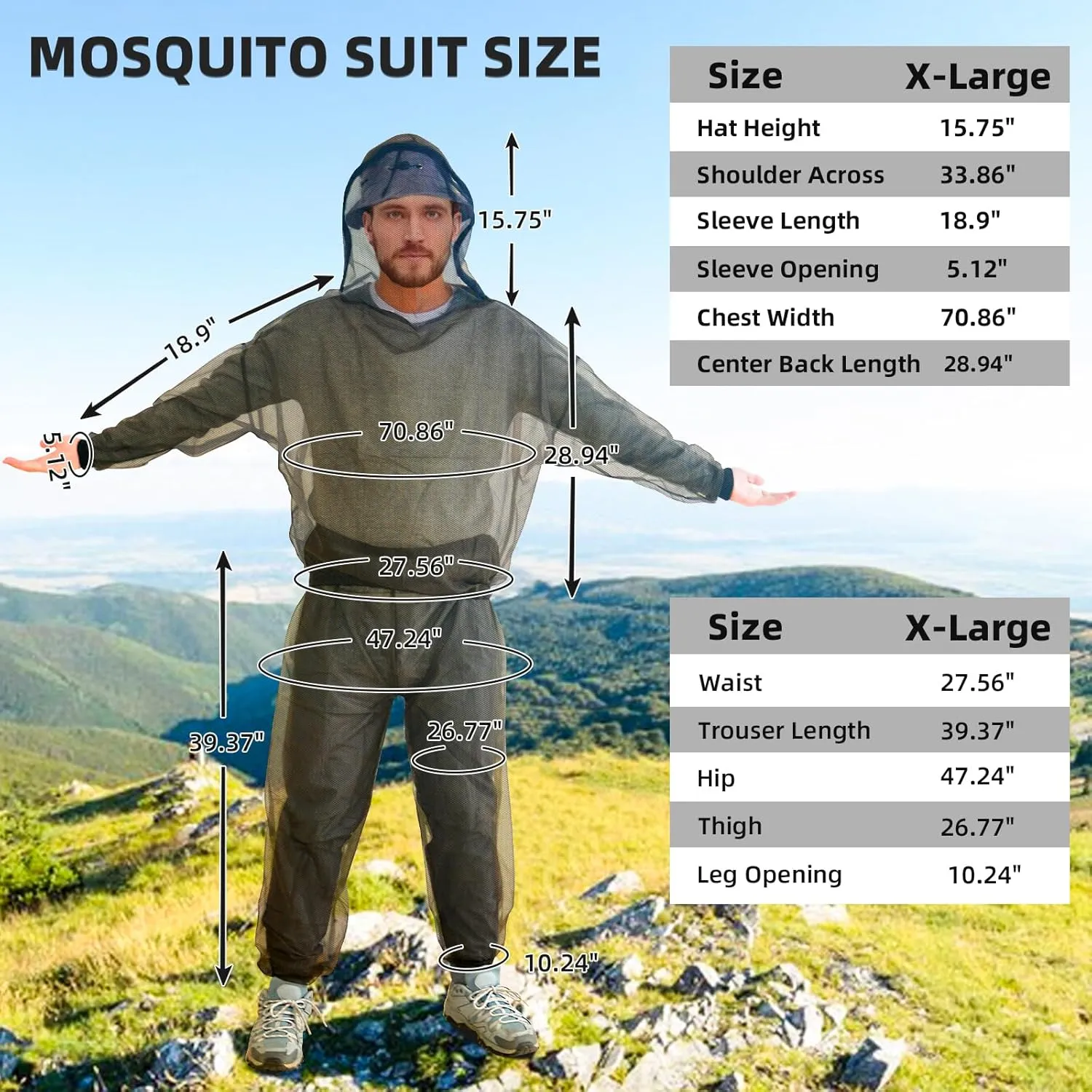 Mosquito Suit, Bug Net Pants & Jacket with Hood, Full Body Bug Suit for Gardening & Outdoor Protection from Bugs, Flies, Gnats, No-See-Ums & Midges, Mosquito Clothing for Women & Men, XL Size
