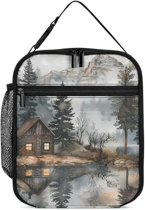 Mountain Hut by The Lake Insulated Lunch Bag Leakproof Insulated Cooler Bag with Handbags Side Pocket for Adults
