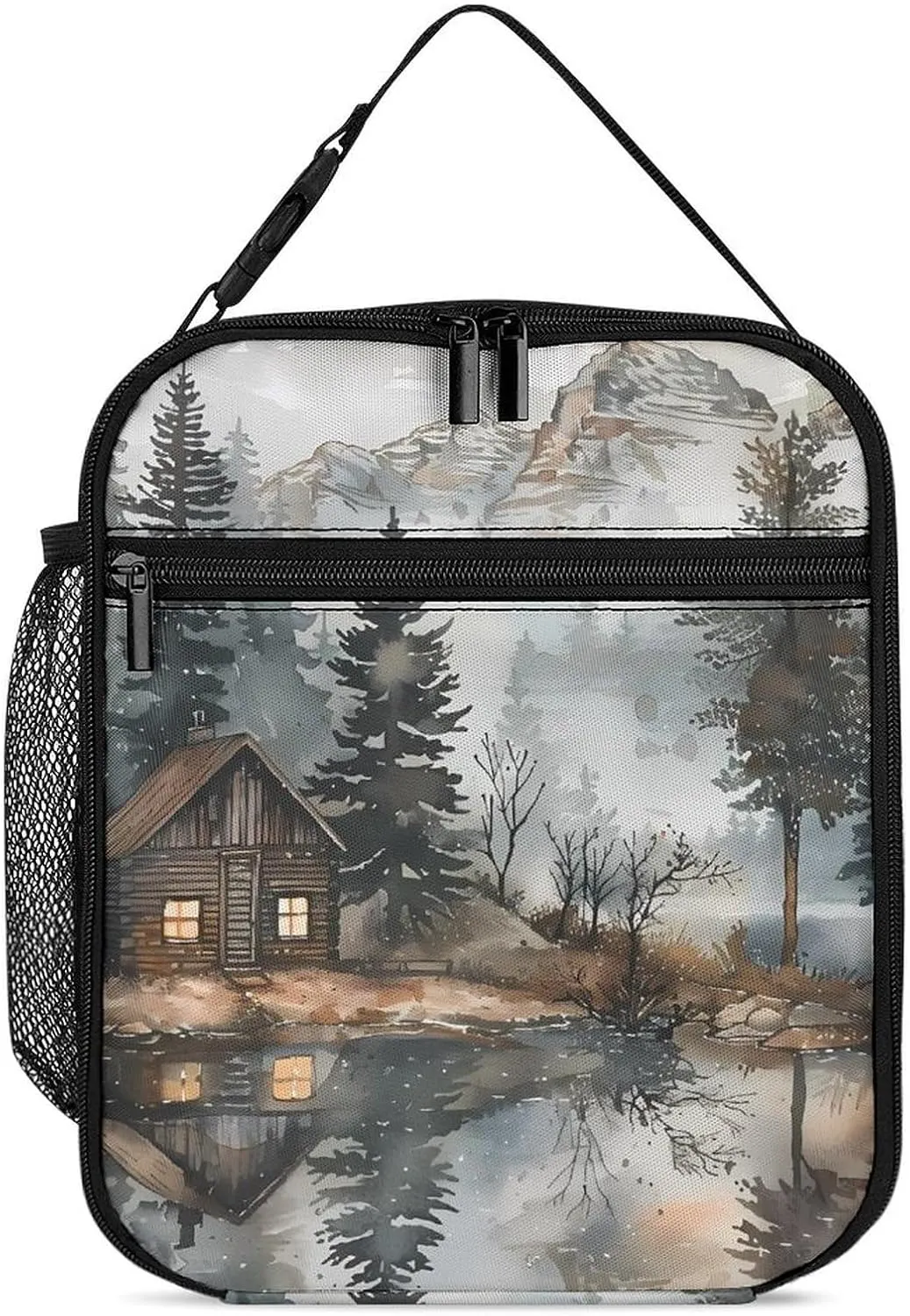 Mountain Hut by The Lake Insulated Lunch Bag Leakproof Insulated Cooler Bag with Handbags Side Pocket for Adults
