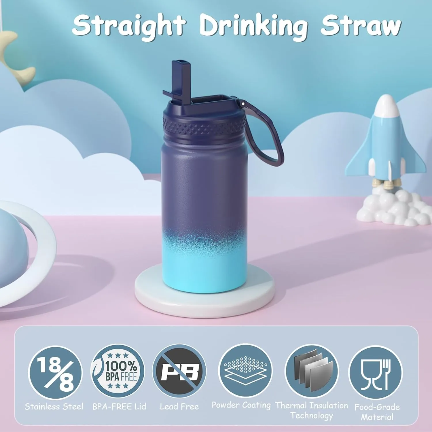 MURRICON 12oz Kids Water Bottle for School,Stainless Steel Water Bottles Kids with Straw,Vacuum Insulated Water Bottle for Kids,Gifts for Boys and Girls,BlueGreen