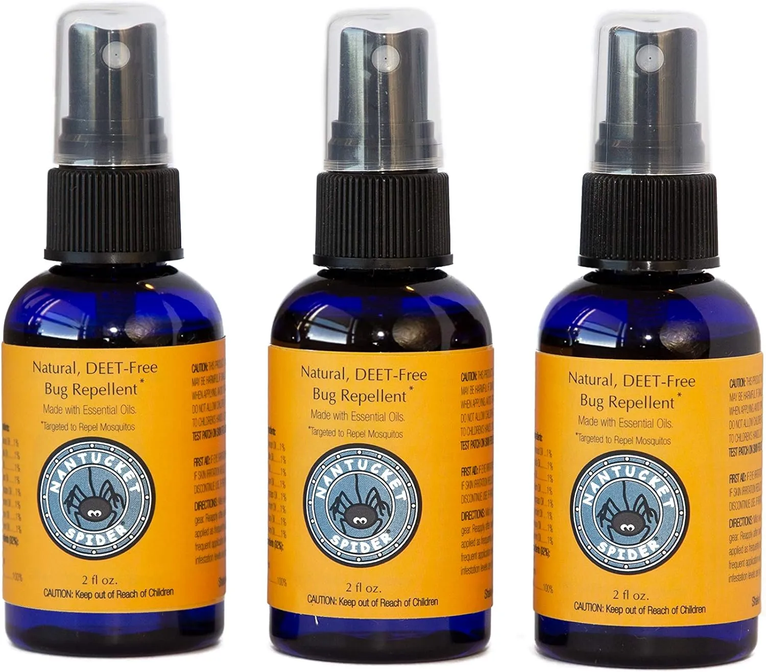 Nantucket Spider Natural Insect Repellent Spray for People | Long-Lasting Protection Against Mosquitoes, Biting Flies, & No-See-Ums | Deet Free Organic Essential Oil Bug Spray | 02 fl oz - Pack of 03