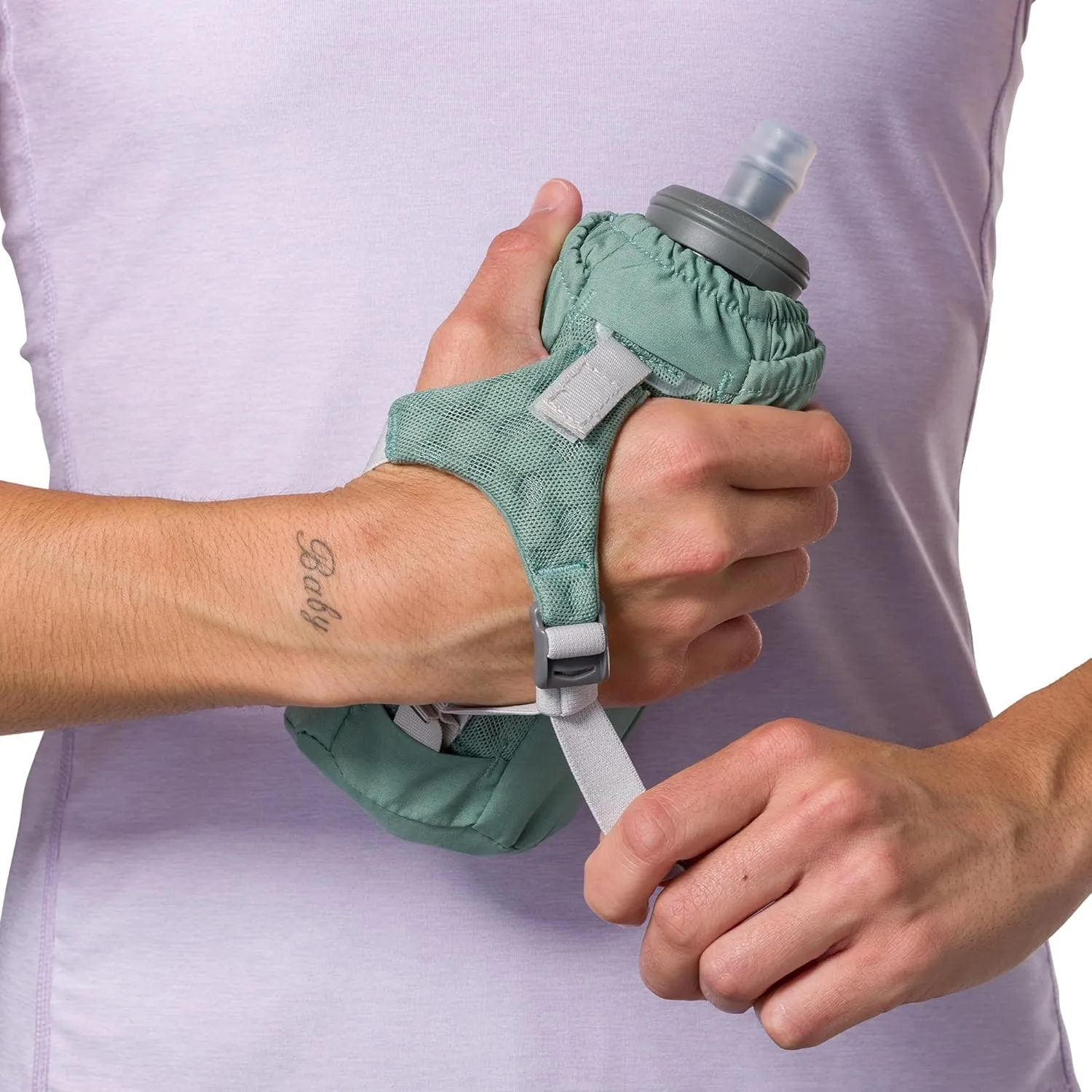 Nathan Handheld Soft Flask 18oz - Exo-Draw Insulated Collapsible Bottle - Grip-Free Strap & Rigid ExoSpine for Comfort/Support - Breathable Mesh Strap - Ideal Running/Hiking, Pinnacle, Sage Green