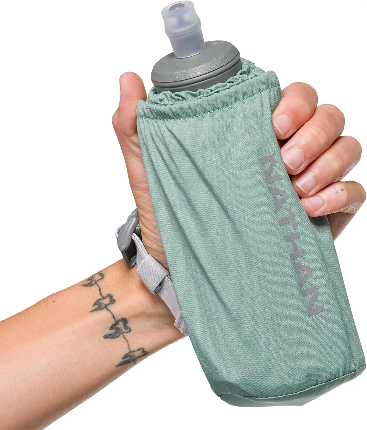 Nathan Handheld Soft Flask 18oz - Exo-Draw Insulated Collapsible Bottle - Grip-Free Strap & Rigid ExoSpine for Comfort/Support - Breathable Mesh Strap - Ideal Running/Hiking, Pinnacle, Sage Green