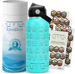 National park water bottle with stickers- Laser-Engraved logos, 32 oz Cool Gifts for Hikers, Featuring Iconic USA National Park Landmarks Outdoor Gift(Turquoise)