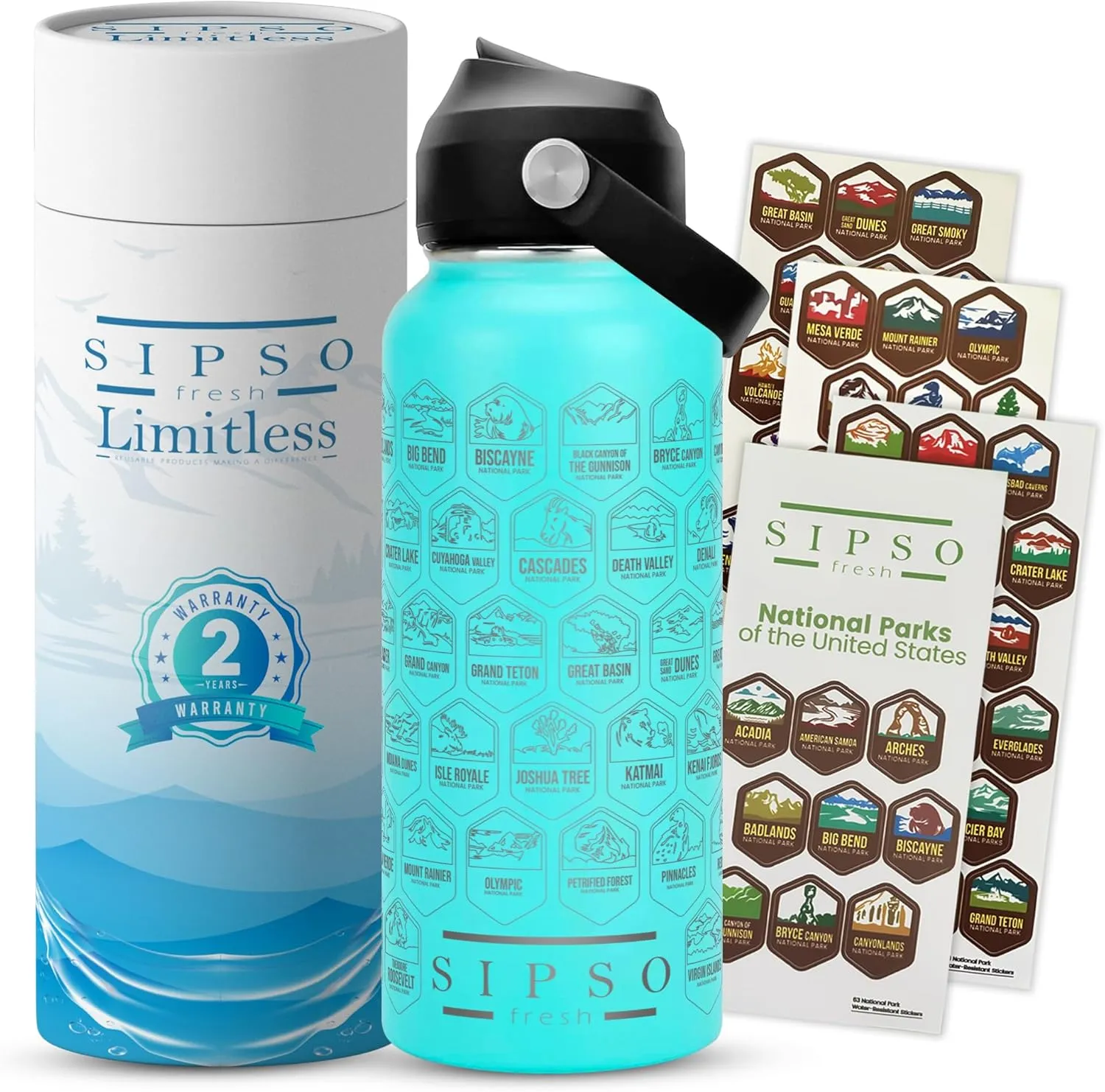 National park water bottle with stickers- Laser-Engraved logos, 32 oz Cool Gifts for Hikers, Featuring Iconic USA National Park Landmarks Outdoor Gift(Turquoise)