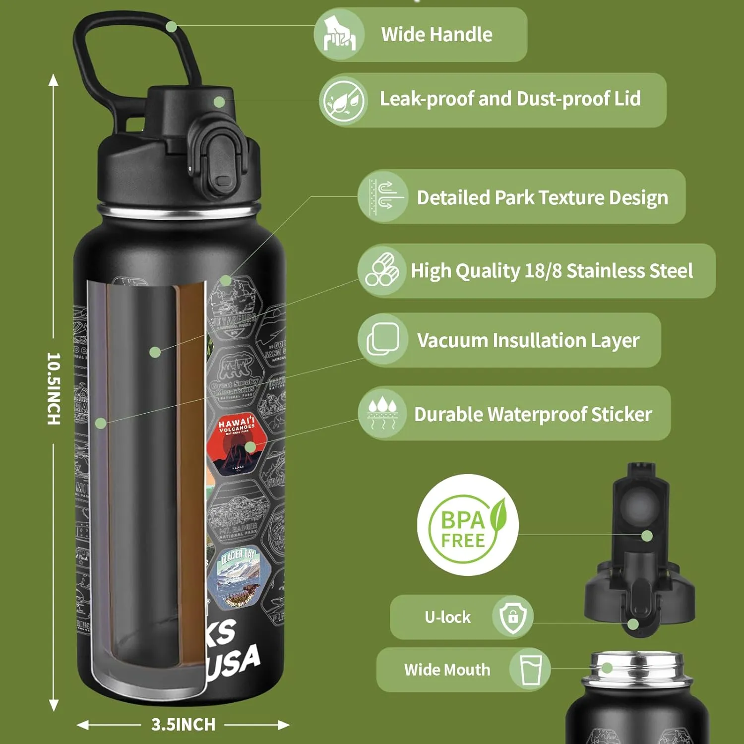 National Parks Water Bottle with 63 Waterproof Stickers,32oz Double Wall Vacuum Stainless Steel Wide Mouth Insulated Travel Water Bottle with Spout Lid,BPA-free and Leak-proof (32oz,Black)