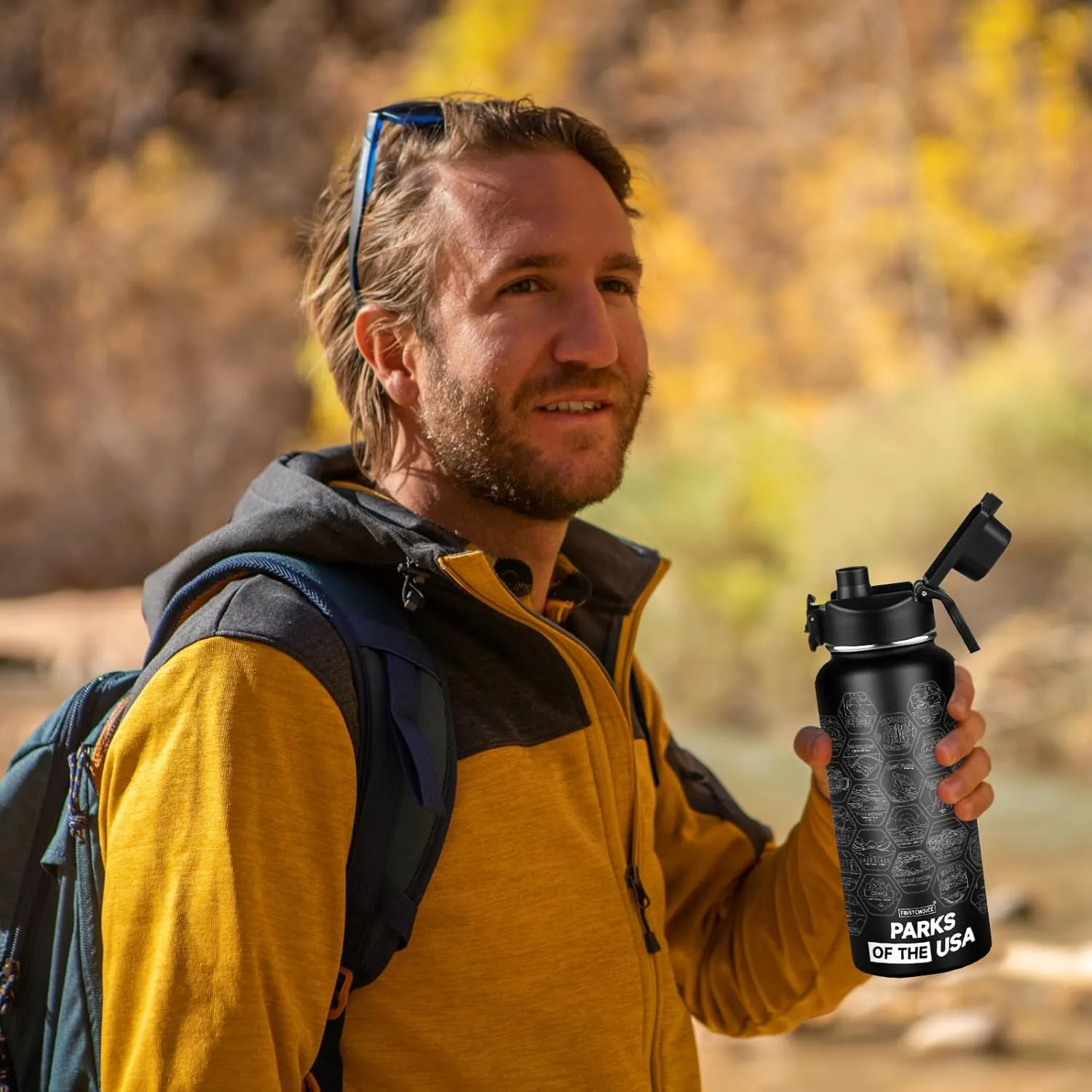 National Parks Water Bottle with 63 Waterproof Stickers,32oz Double Wall Vacuum Stainless Steel Wide Mouth Insulated Travel Water Bottle with Spout Lid,BPA-free and Leak-proof (32oz,Black)