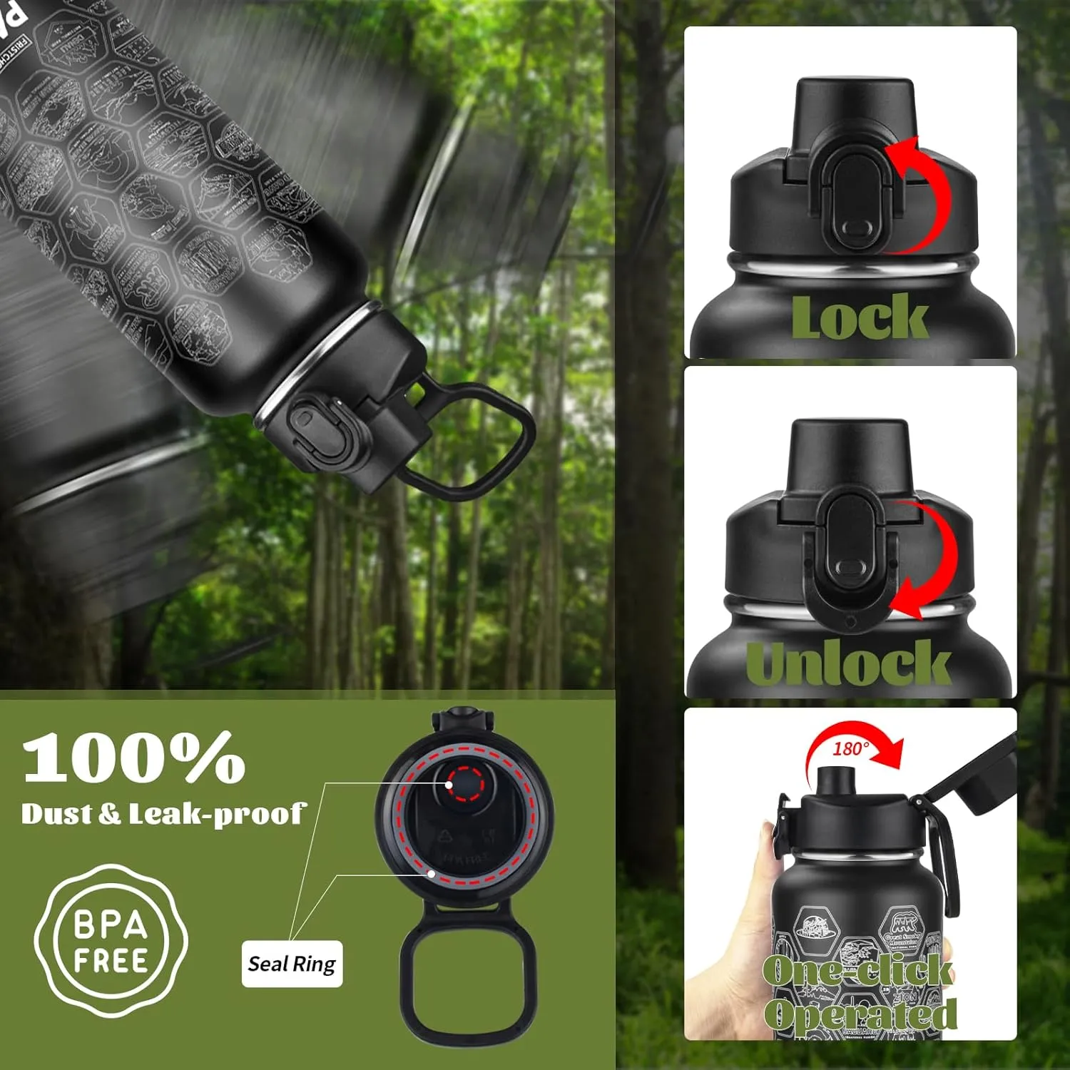 National Parks Water Bottle with 63 Waterproof Stickers,32oz Double Wall Vacuum Stainless Steel Wide Mouth Insulated Travel Water Bottle with Spout Lid,BPA-free and Leak-proof (32oz,Black)