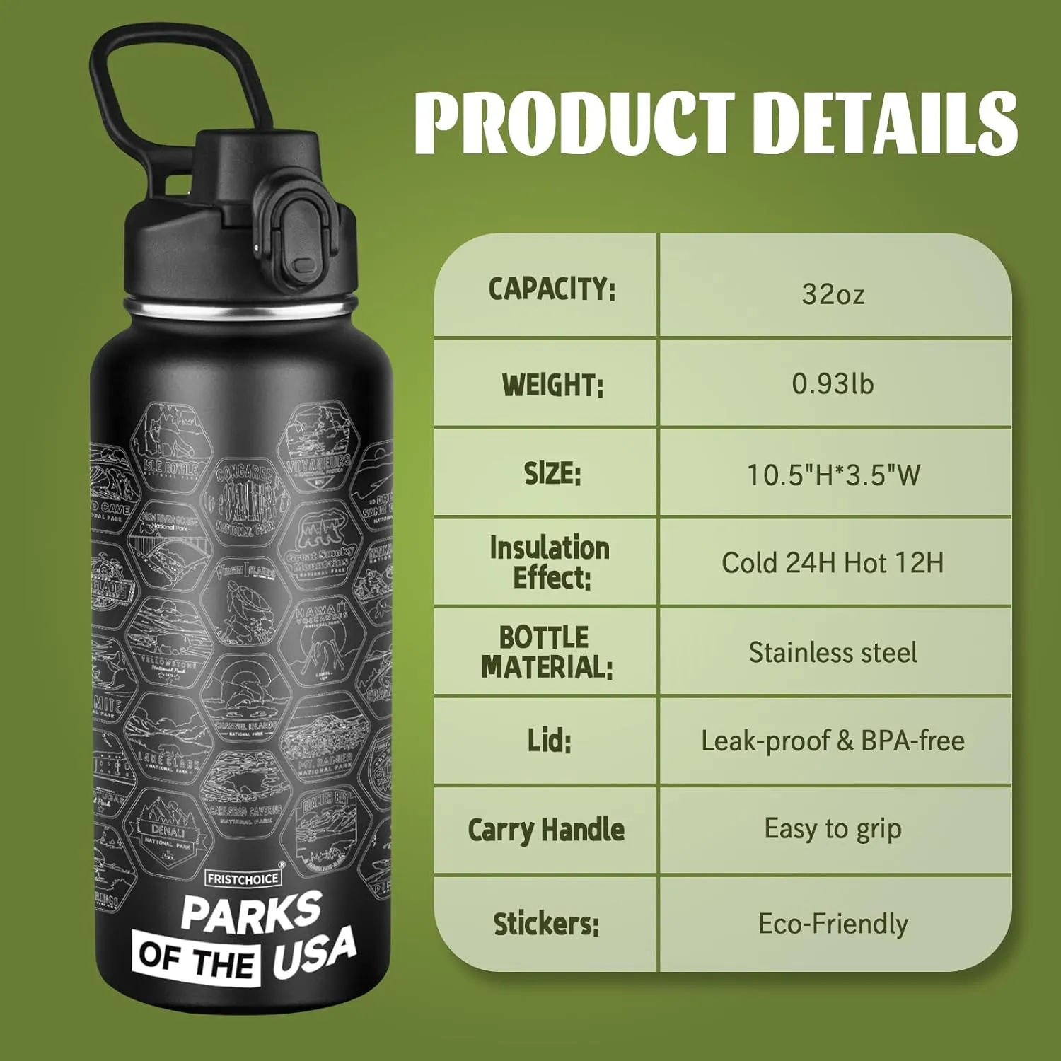 National Parks Water Bottle with 63 Waterproof Stickers,32oz Double Wall Vacuum Stainless Steel Wide Mouth Insulated Travel Water Bottle with Spout Lid,BPA-free and Leak-proof (32oz,Black)