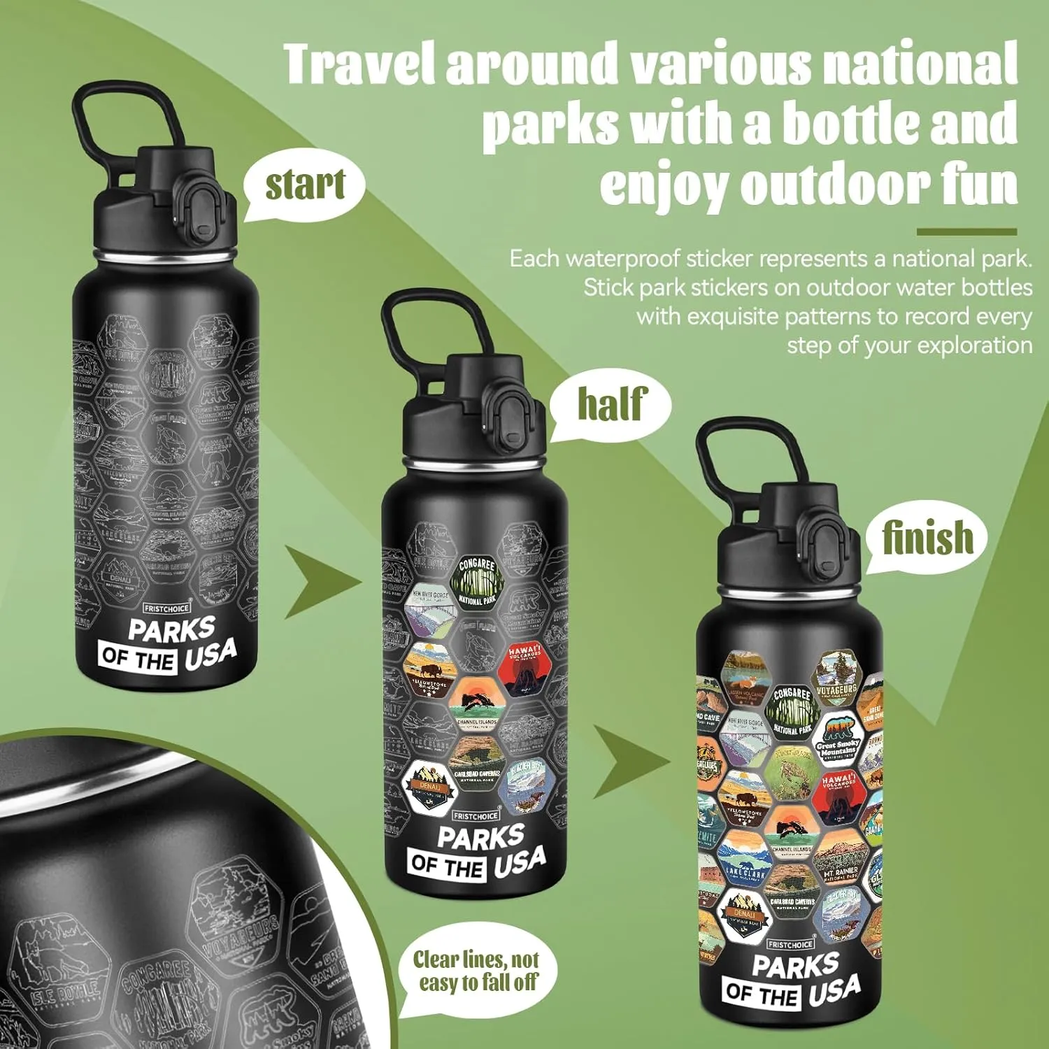 National Parks Water Bottle with 63 Waterproof Stickers,32oz Double Wall Vacuum Stainless Steel Wide Mouth Insulated Travel Water Bottle with Spout Lid,BPA-free and Leak-proof (32oz,Black)