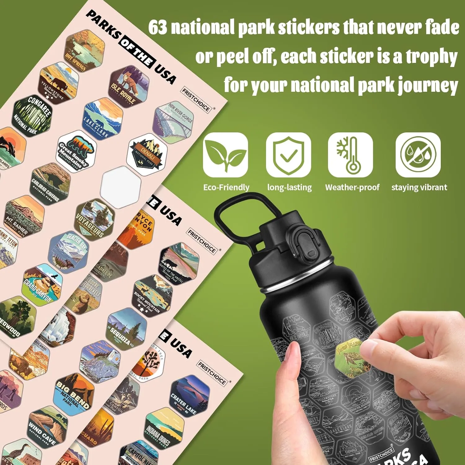 National Parks Water Bottle with 63 Waterproof Stickers,32oz Double Wall Vacuum Stainless Steel Wide Mouth Insulated Travel Water Bottle with Spout Lid,BPA-free and Leak-proof (32oz,Black)
