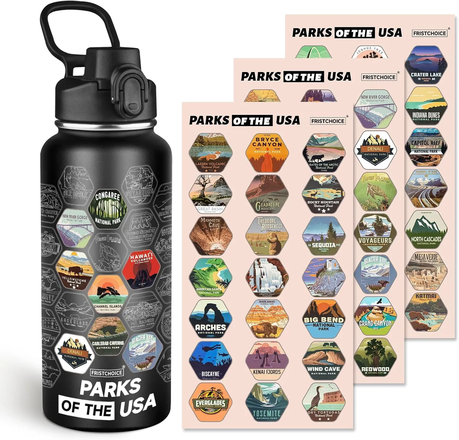 National Parks Water Bottle with 63 Waterproof Stickers,32oz Double Wall Vacuum Stainless Steel Wide Mouth Insulated Travel Water Bottle with Spout Lid,BPA-free and Leak-proof (32oz,Black)