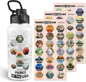 National Parks Water Bottle with 63 Waterproof Stickers,32oz Double Wall Vacuum Stainless Steel Wide Mouth Insulated Travel Water Bottle with Spout Lid,BPA-free and Leak-proof (32oz,White)