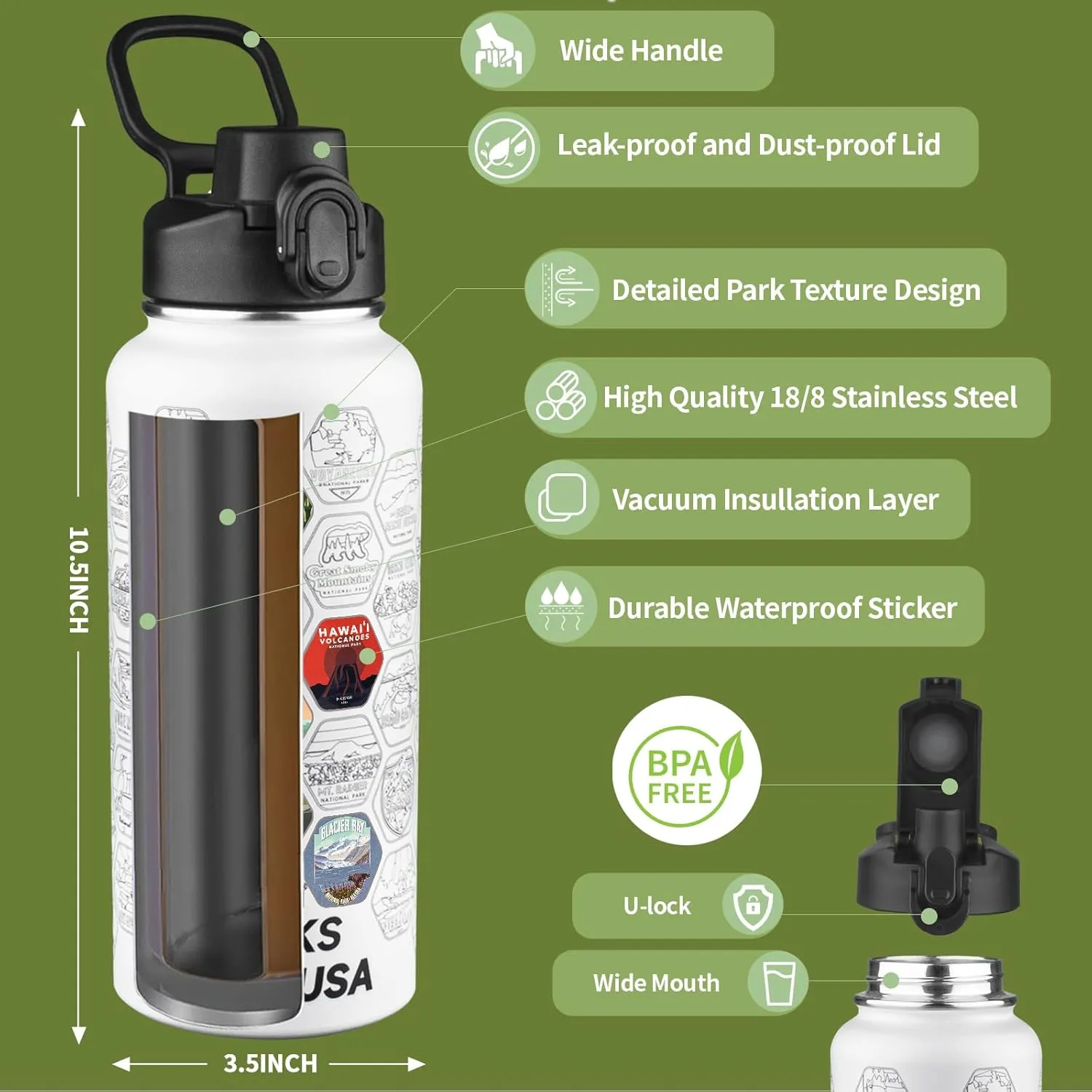 National Parks Water Bottle with 63 Waterproof Stickers,32oz Double Wall Vacuum Stainless Steel Wide Mouth Insulated Travel Water Bottle with Spout Lid,BPA-free and Leak-proof (32oz,White)