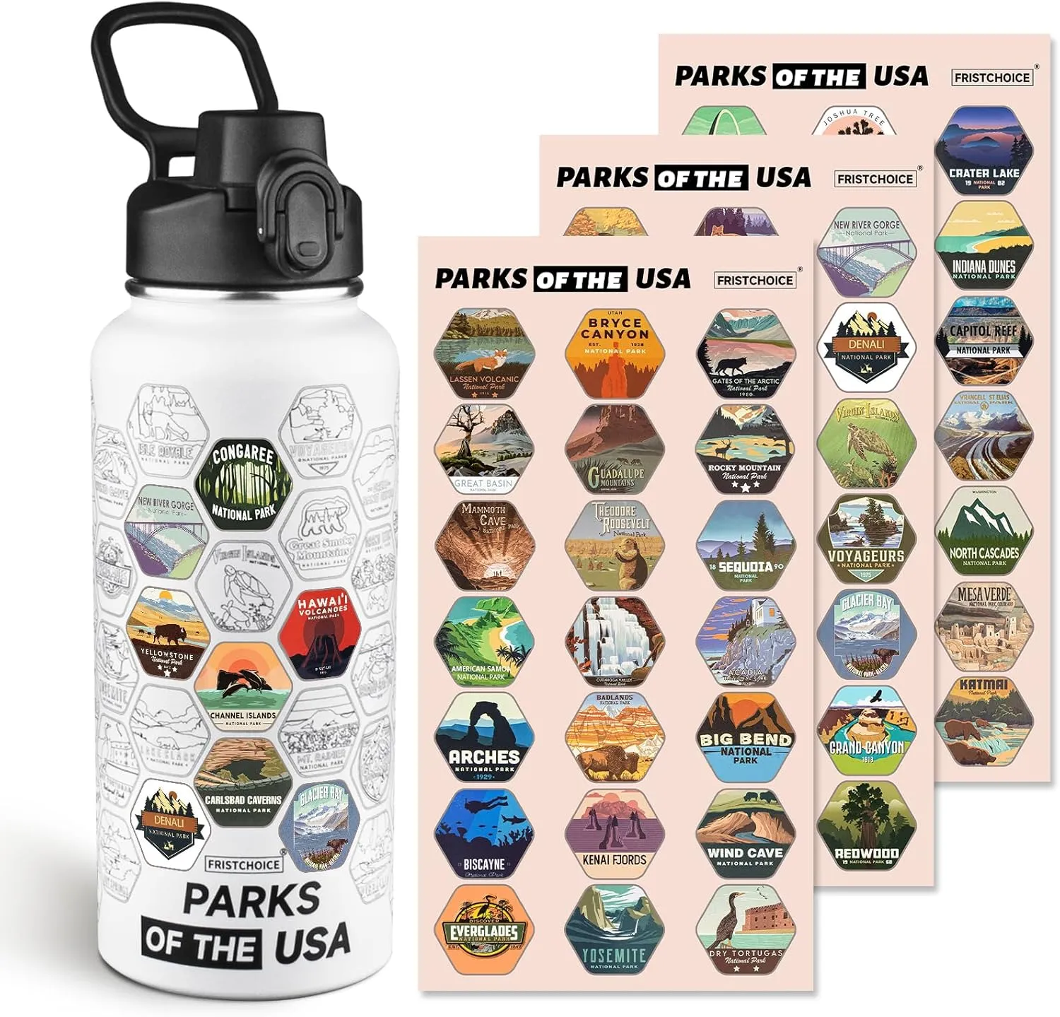 National Parks Water Bottle with 63 Waterproof Stickers,32oz Double Wall Vacuum Stainless Steel Wide Mouth Insulated Travel Water Bottle with Spout Lid,BPA-free and Leak-proof (32oz,White)
