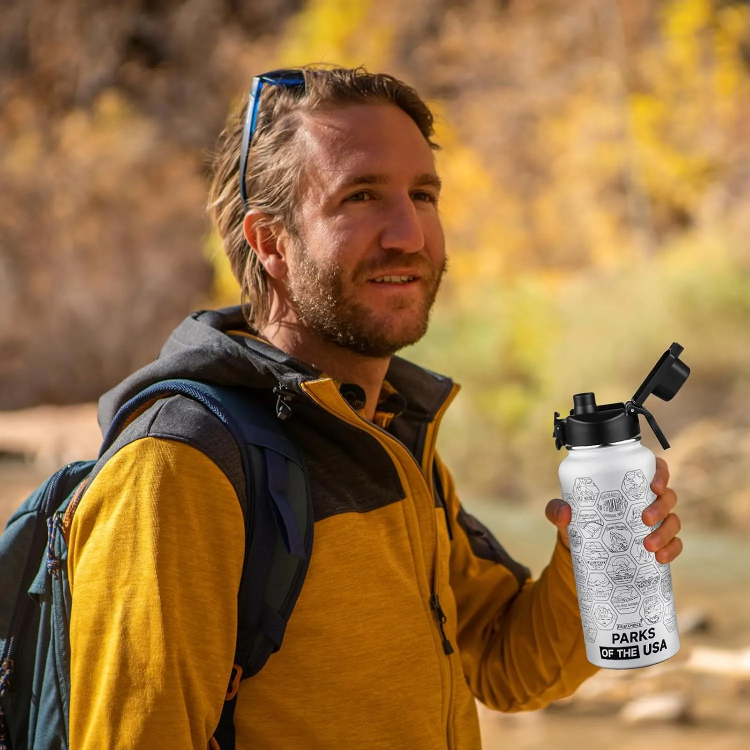 National Parks Water Bottle with 63 Waterproof Stickers,32oz Double Wall Vacuum Stainless Steel Wide Mouth Insulated Travel Water Bottle with Spout Lid,BPA-free and Leak-proof (32oz,White)