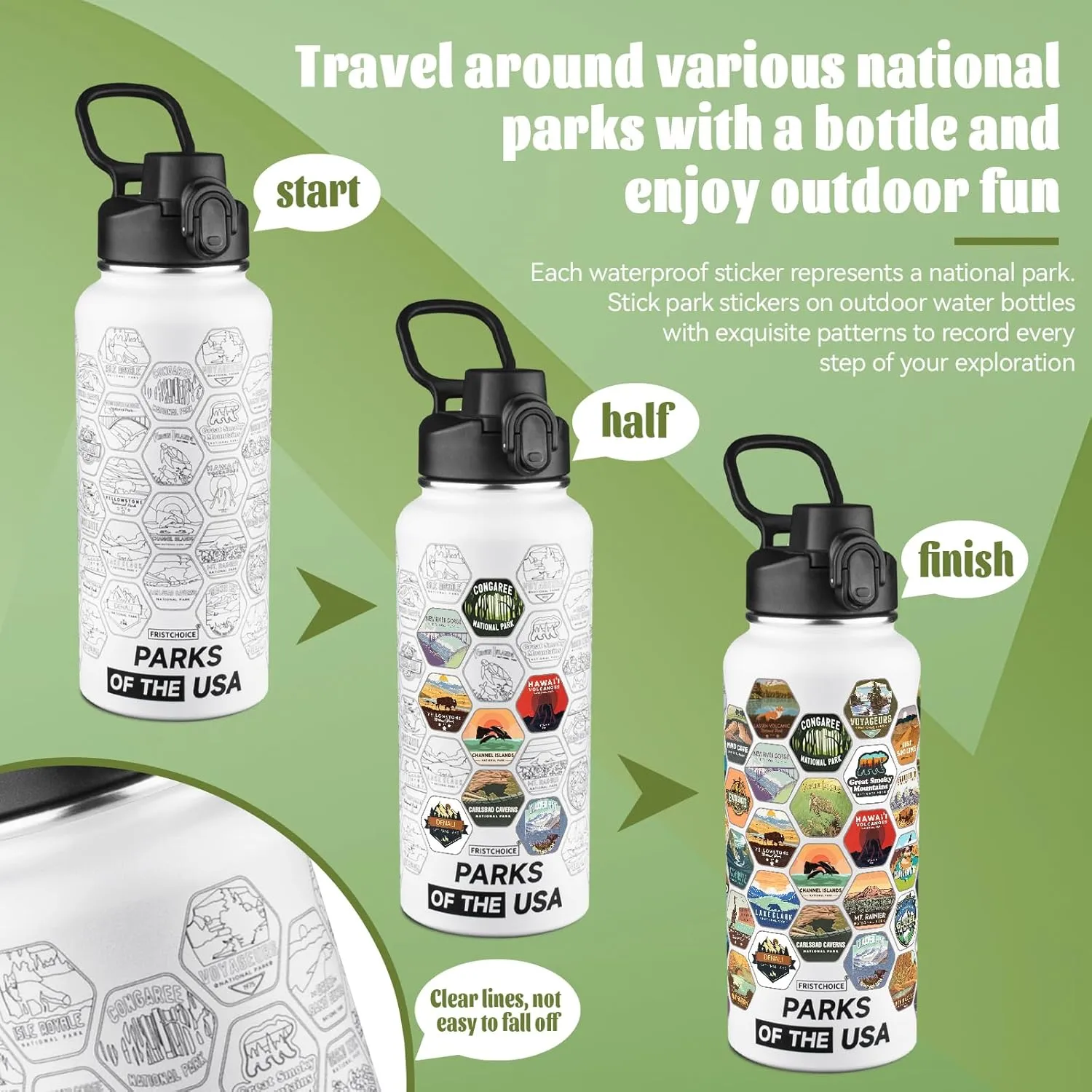 National Parks Water Bottle with 63 Waterproof Stickers,32oz Double Wall Vacuum Stainless Steel Wide Mouth Insulated Travel Water Bottle with Spout Lid,BPA-free and Leak-proof (32oz,White)