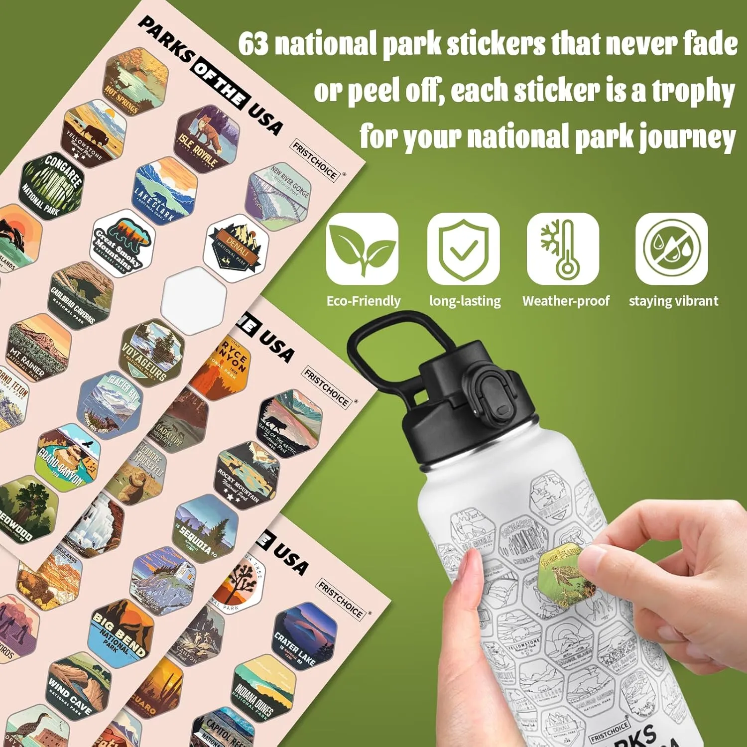 National Parks Water Bottle with 63 Waterproof Stickers,32oz Double Wall Vacuum Stainless Steel Wide Mouth Insulated Travel Water Bottle with Spout Lid,BPA-free and Leak-proof (32oz,White)