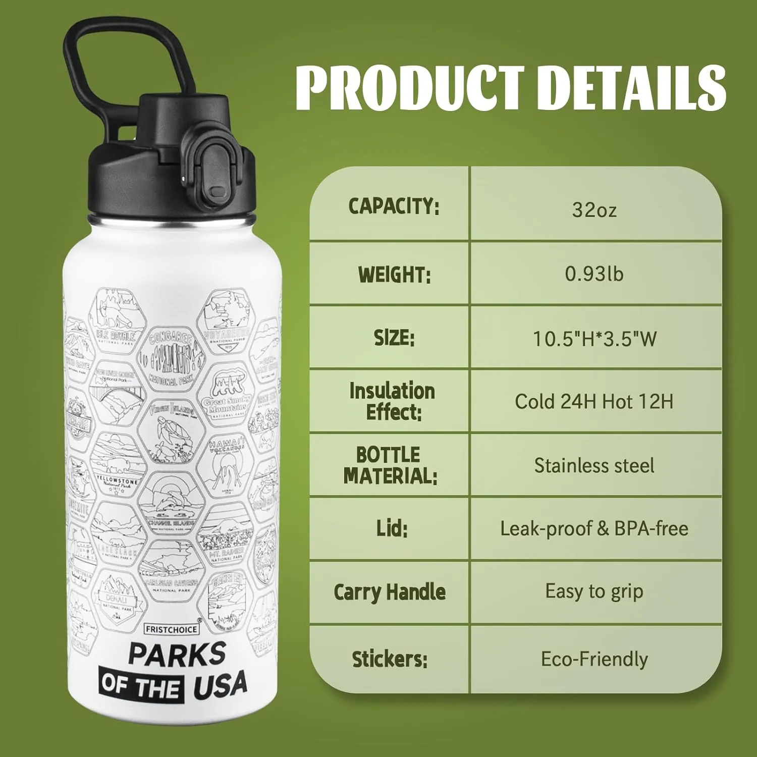 National Parks Water Bottle with 63 Waterproof Stickers,32oz Double Wall Vacuum Stainless Steel Wide Mouth Insulated Travel Water Bottle with Spout Lid,BPA-free and Leak-proof (32oz,White)