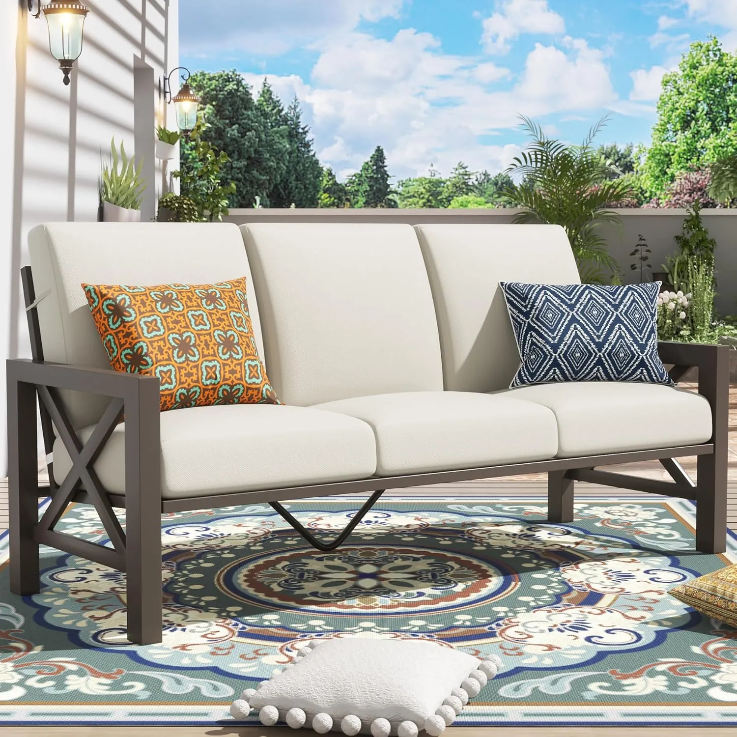 NATURAL EXPRESSIONS Outdoor 3 Seat Sofa Patio Furniture Set Deep Seating Couch with 6.5'' Thick Olefin Cushion for Garden,Front Porch, Deck, Balcony, Backyard