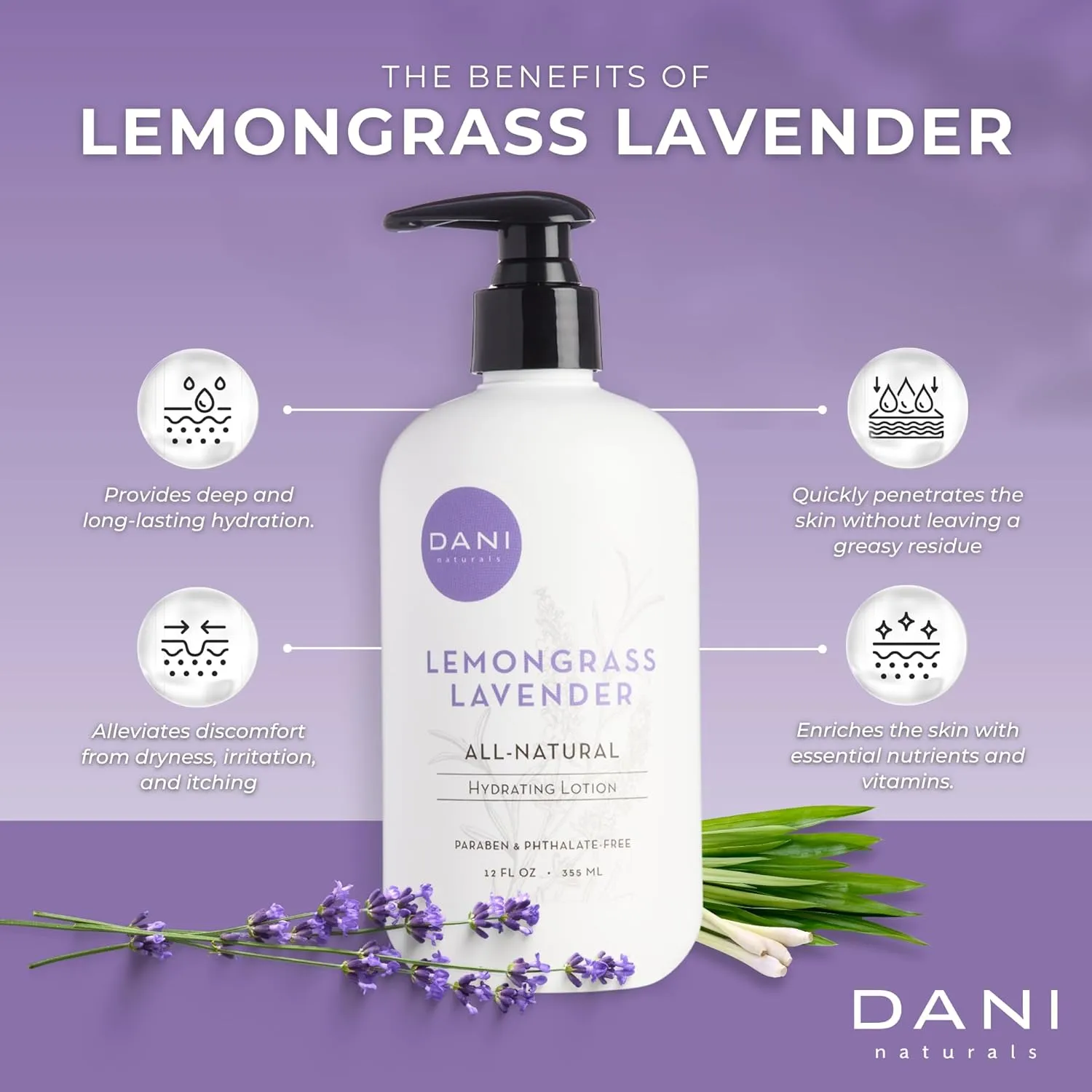 Naturals Hand & Body Lotion - Calming Lemongrass Lavender Scent, Moisturizing Lotion with Aloe Vera, Shea Butter & Vitamin E, Deep Hydration for Dry Skin, All Skin Types - 12 Oz