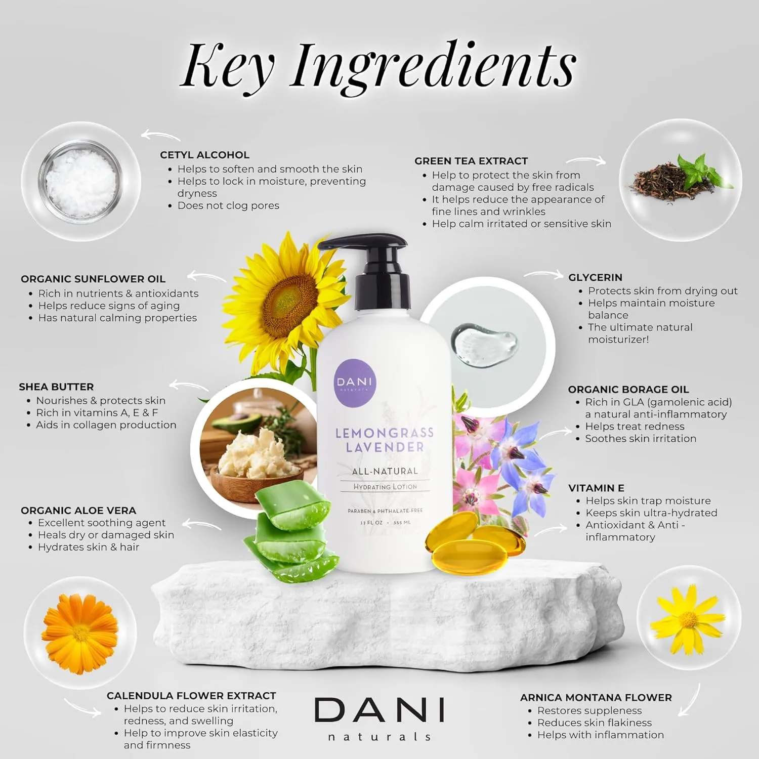 Naturals Hand & Body Lotion - Calming Lemongrass Lavender Scent, Moisturizing Lotion with Aloe Vera, Shea Butter & Vitamin E, Deep Hydration for Dry Skin, All Skin Types - 12 Oz