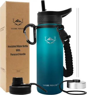 NATURE PIONEOR Insulated Water Bottles with Paracord Handle - 18 oz Vacuum Sports Wide Mouth Water Bottle with 3 Lids, Leak Proof Stainless Steel Keeps Hot and Cold
