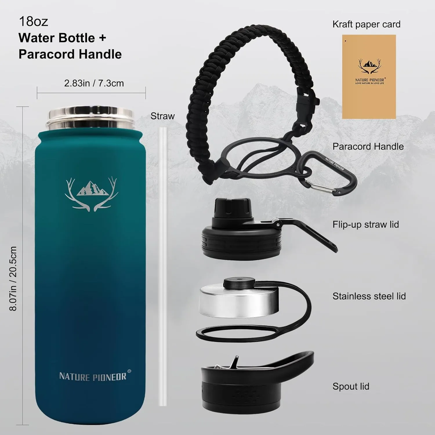 NATURE PIONEOR Insulated Water Bottles with Paracord Handle - 18 oz Vacuum Sports Wide Mouth Water Bottle with 3 Lids, Leak Proof Stainless Steel Keeps Hot and Cold