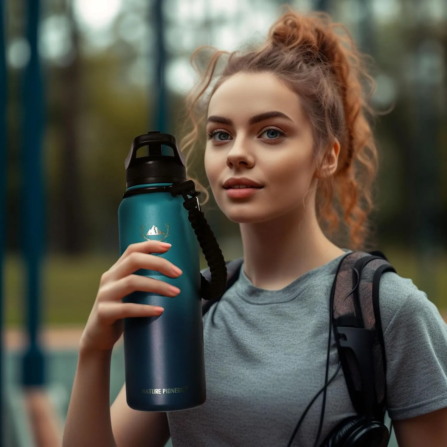 NATURE PIONEOR Insulated Water Bottles with Paracord Handle - 40 oz Vacuum Sports Wide Mouth Water Bottle with 3 Lids, Leak Proof Stainless Steel Keeps Hot and Cold