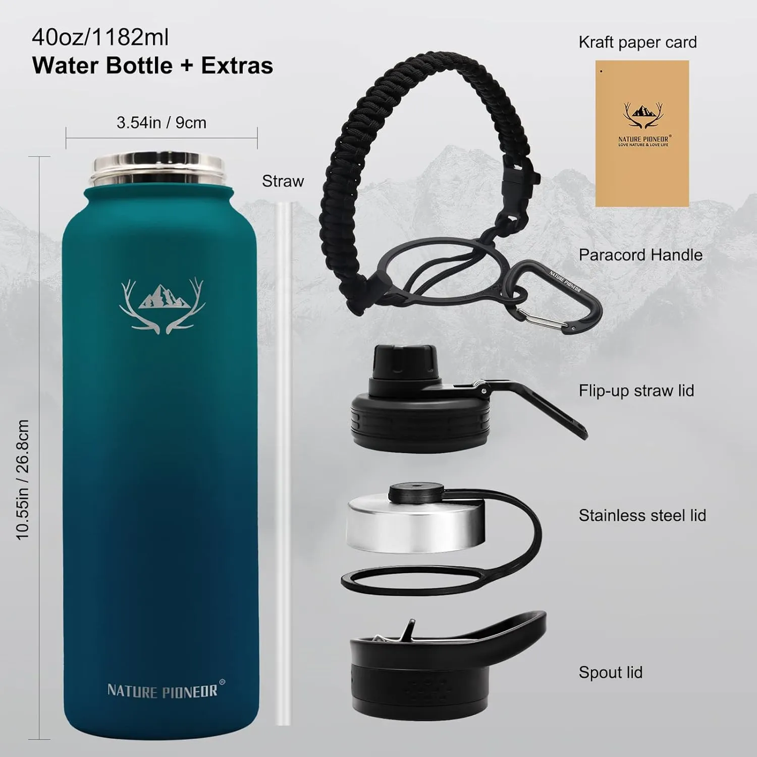 NATURE PIONEOR Insulated Water Bottles with Paracord Handle - 40 oz Vacuum Sports Wide Mouth Water Bottle with 3 Lids, Leak Proof Stainless Steel Keeps Hot and Cold