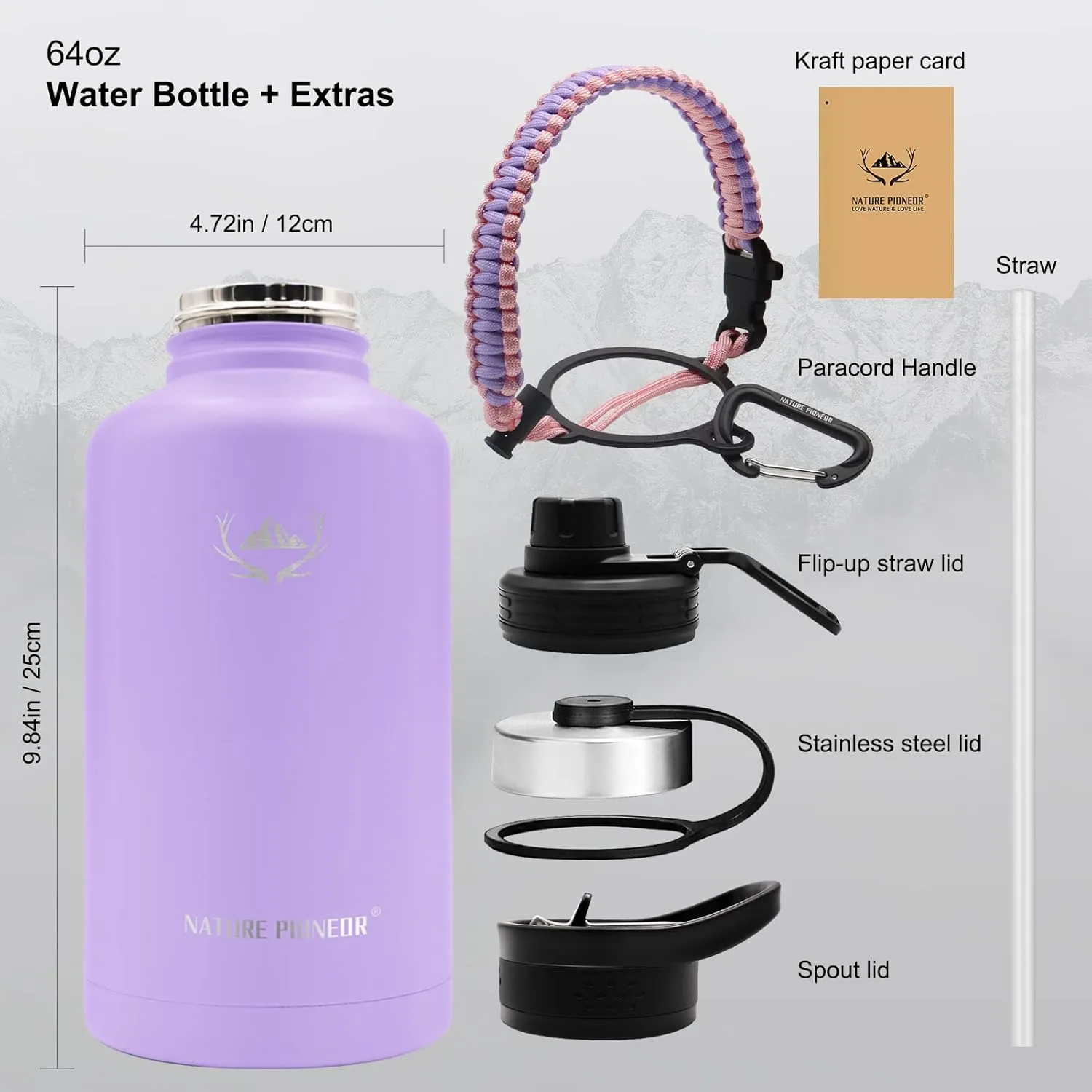 NATURE PIONEOR Insulated Water Bottles with Paracord Handle - 64 oz Vacuum Sports Wide Mouth Water Bottle with 3 Lids, Leak Proof Stainless Steel Keeps Hot and Cold