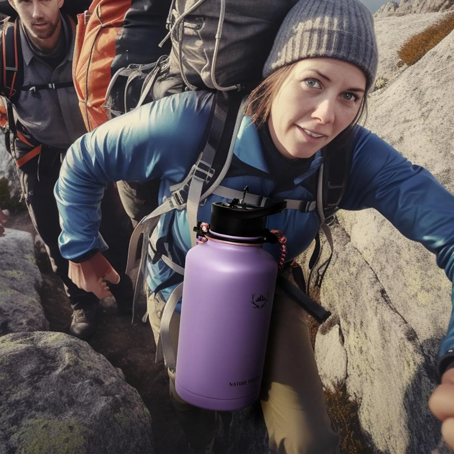 NATURE PIONEOR Insulated Water Bottles with Paracord Handle - 64 oz Vacuum Sports Wide Mouth Water Bottle with 3 Lids, Leak Proof Stainless Steel Keeps Hot and Cold