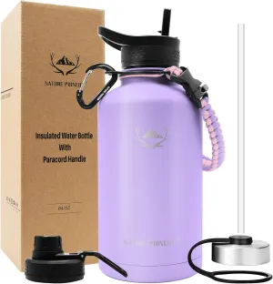 NATURE PIONEOR Insulated Water Bottles with Paracord Handle - 64 oz Vacuum Sports Wide Mouth Water Bottle with 3 Lids, Leak Proof Stainless Steel Keeps Hot and Cold