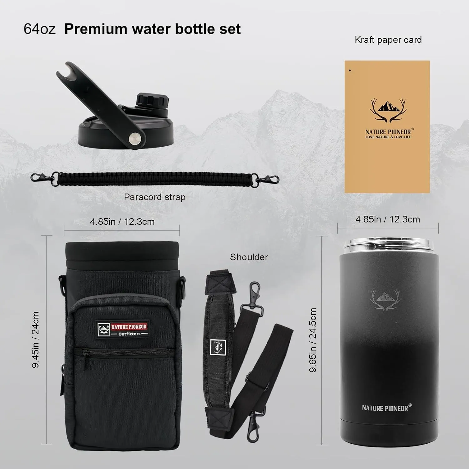 NATURE PIONEOR Insulated Water Bottles with Strap - 64 oz Stainless Steel Vacuum Wide Mouth Bottle with Holder/Carrier/Sleeve - Reusable 18/8 Food Grade Thermos Water Jug