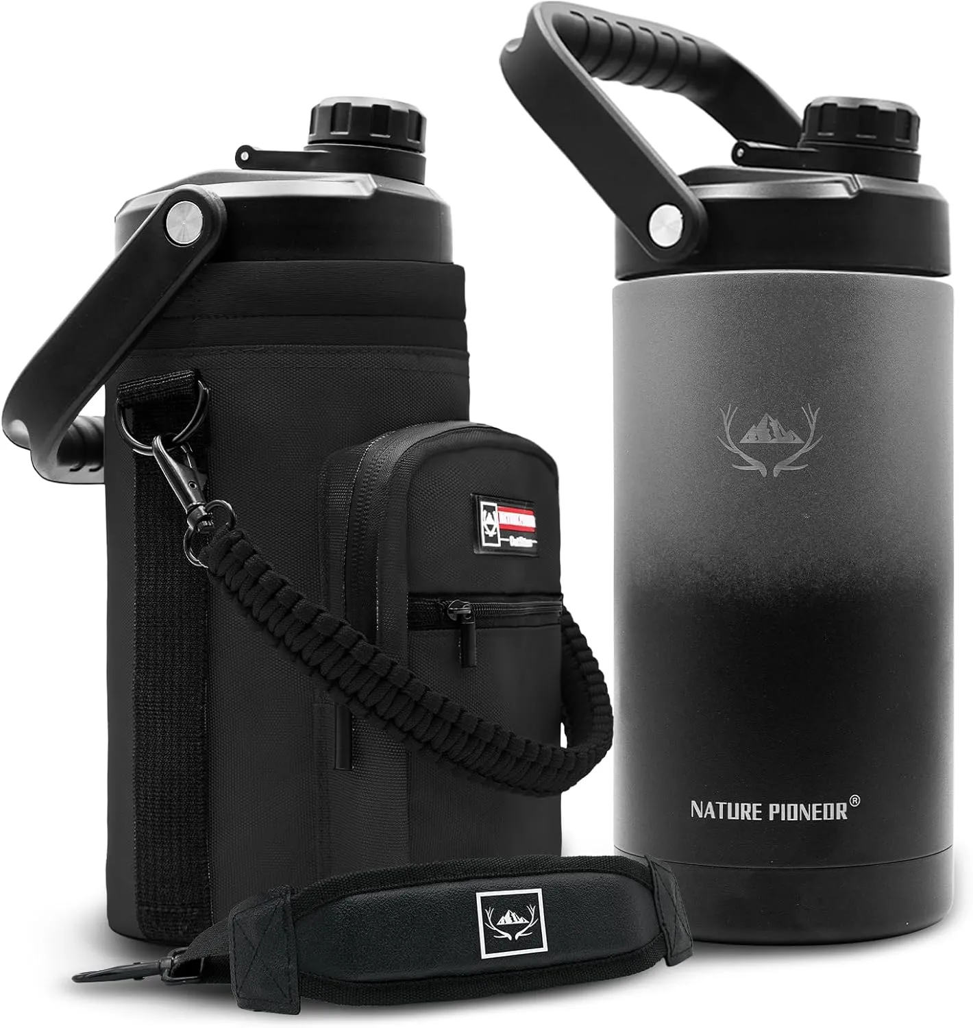 NATURE PIONEOR Insulated Water Bottles with Strap - 64 oz Stainless Steel Vacuum Wide Mouth Bottle with Holder/Carrier/Sleeve - Reusable 18/8 Food Grade Thermos Water Jug