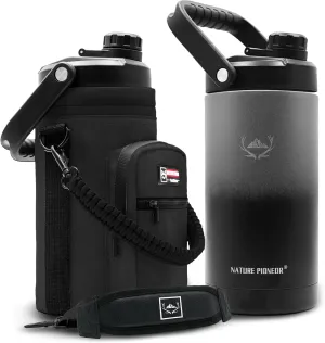 NATURE PIONEOR Insulated Water Bottles with Strap - 64 oz Stainless Steel Vacuum Wide Mouth Bottle with Holder/Carrier/Sleeve - Reusable 18/8 Food Grade Thermos Water Jug