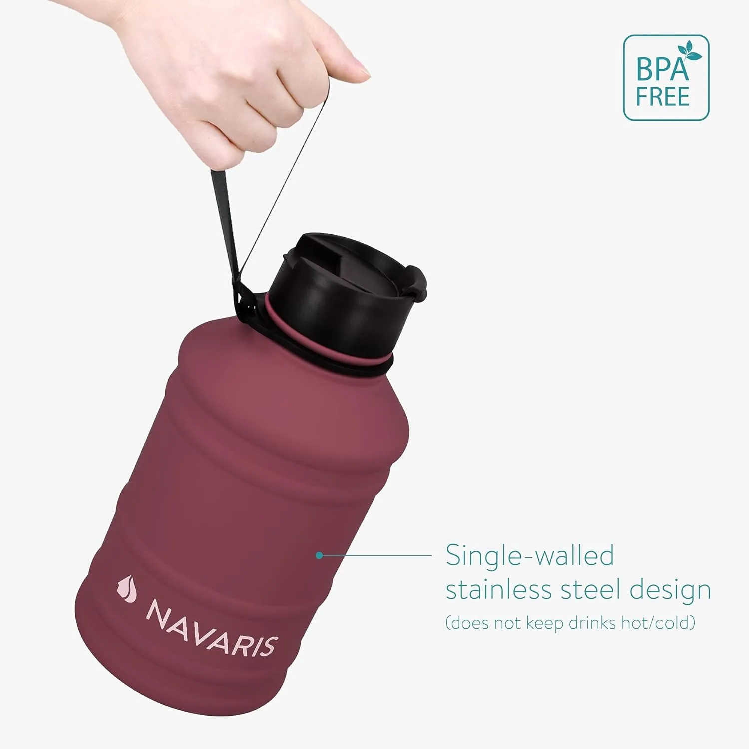 Navaris Stainless Steel Water Bottle - Single-Walled 75oz (2.2L) Big Metal Drinking Bottle for Sports, Camping, Gym - More Than Half Gallon Capacity