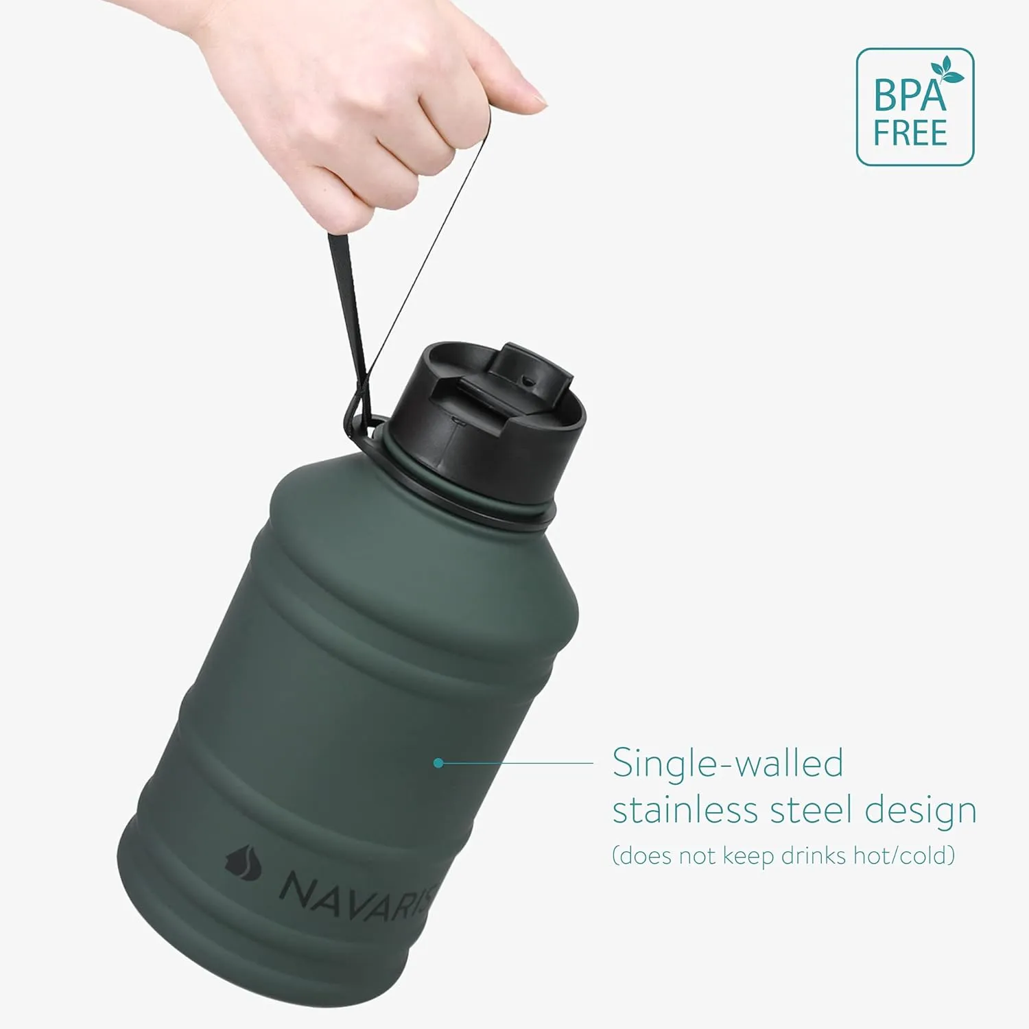 Navaris Stainless Steel Water Bottle - Single-Walled 75oz (2.2L) Big Metal Drinking Bottle for Sports, Camping, Gym - More Than Half Gallon Capacity