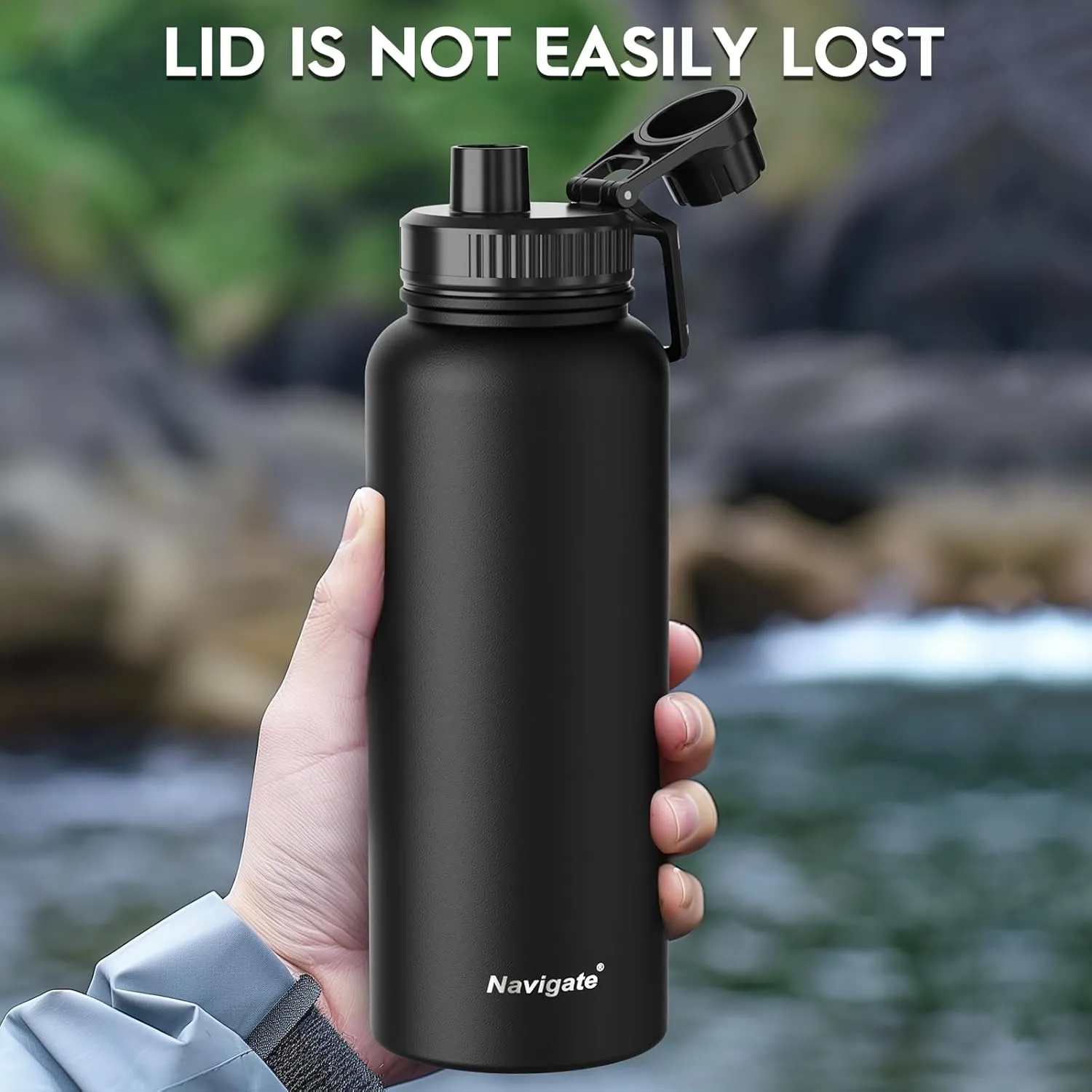 Navigate 40 oz Insulated Stainless Steel Sports Water Bottle with Spout & Handle Lids,Wide Mouth Water Jug with Double Walled Leak Proof Keep Cold for 24 Hrs Hot for 12 Hrs,Black