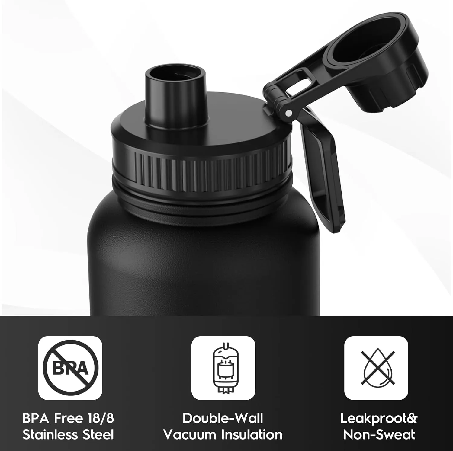 Navigate 40 oz Insulated Stainless Steel Sports Water Bottle with Spout & Handle Lids,Wide Mouth Water Jug with Double Walled Leak Proof Keep Cold for 24 Hrs Hot for 12 Hrs,Black